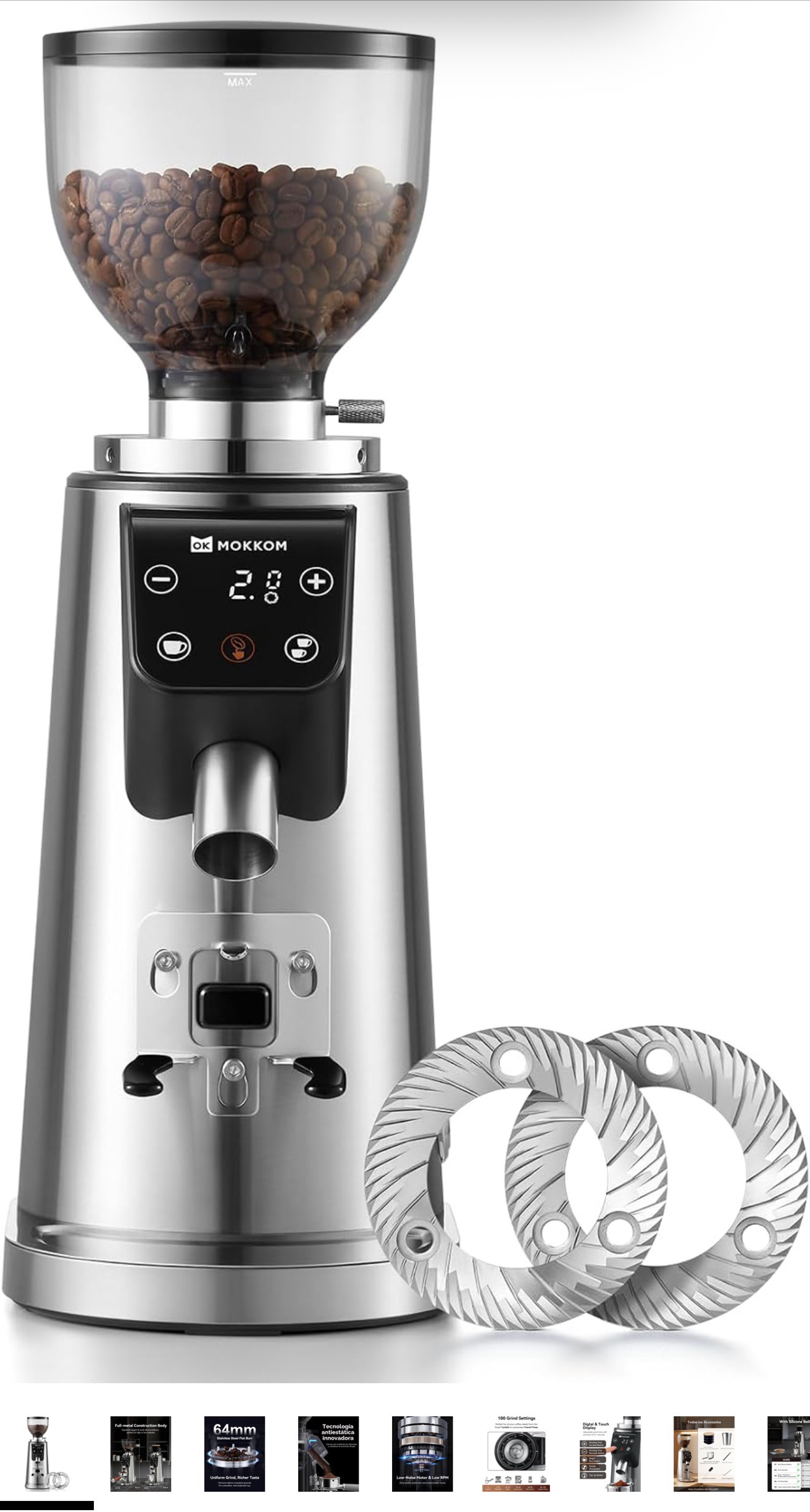 Amazon US: Molinillo de café profesional de rebabas planas de 64mm con 100 ajustes de molienda
