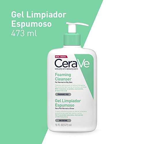 Amazon: CeraVe Gel Limpiador Espumoso |473ml| Limpiador diario para piel mixta, grasa o con acné | Libre de fragancia