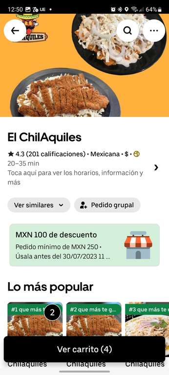 Uber Eats: El ChilAquiles 2 órdenes de chilaquiles con milanesas + 2 aguas de horchata por 70 pesitos. San Peter of the pines, CDMX