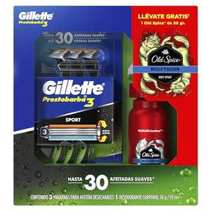 Amazon: GILLETTE Prestobarba3 Body Sense Kit, 3 Rastrillos Desechables para Hombre con 3 Hojas para Rasurar + Desodorante Old Spice