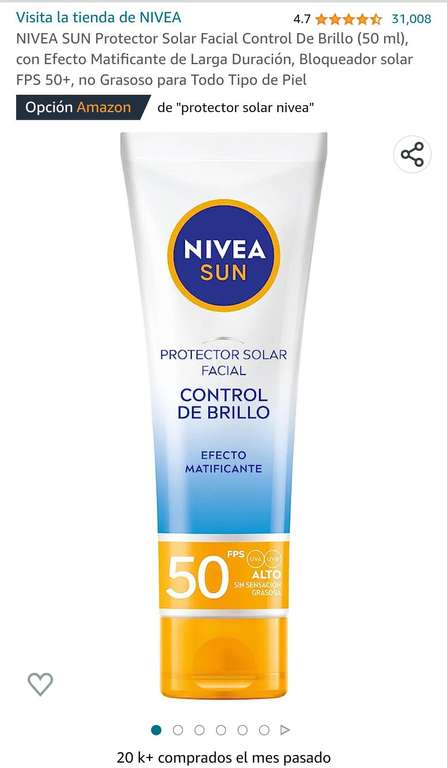 Amazon: NIVEA SUN Protectores Solares Facial Control De Brillo y piel sensible -Planea y ahorra