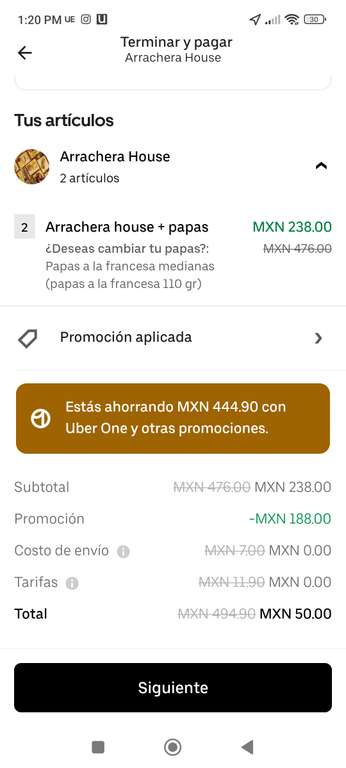 Uber eats: Arrachera house, 2 arracheras y papas medianas por $50 | Uber One