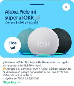 Jokr: Compra mínimo $1,999 y llévate de regalo un Echo Dot de 4ta generación.