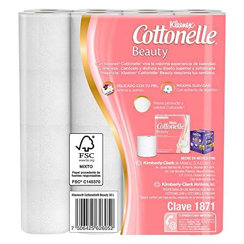 Amazon: Kleenex Cottonelle Beauty Aroma a Jazmín, Paquete de 32 rollos con 408 Hojas Dobles.