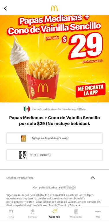 McDonald's: Variedad de cupones en APP | Papas medianas + Cono vainilla senc x $29 y más