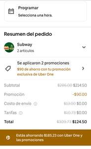 Uber eats: subway dos foot long en $130 pesos