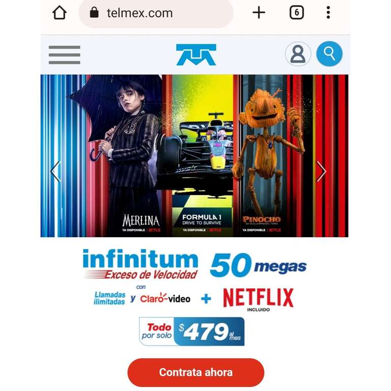 Telmex: Infinitum 50mbps más Netflix en 2 dispositivos simultáneos calidad FULL HD por $479