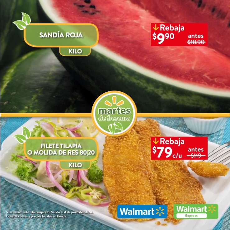 Walmart: Martes de Frescura 4 Junio: Sandía $9.90 kg • Jitomate ó Cebolla $13.90 kg • Uva Blanca ó Roja en Bolsa $49.90 kg