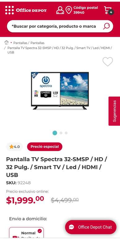 Office Depot: Pantalla TV Spectra 32-SMSP / HD / 32 Pulg. / Smart TV / Led / HDMI / USB