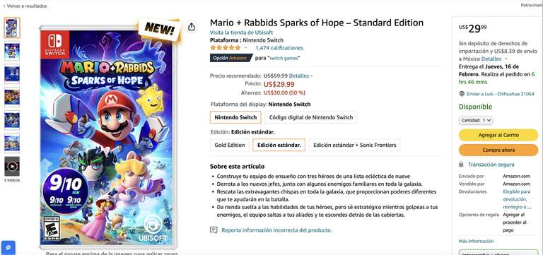Amazon USA - Mario + Rabbids Sparks of Hope – Standard Edition Nintendo Switch