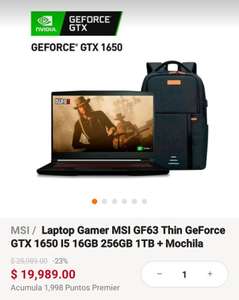 Linio: Laptop Gamer MSI GF63 Thin GeForce GTX 1650 I5 16GB 256GB 1TB + Mochila
