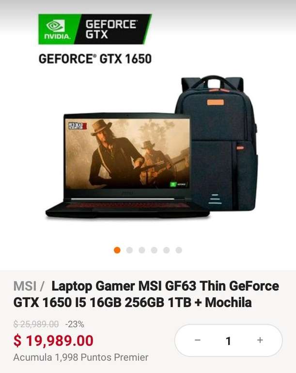 Linio: Laptop Gamer MSI GF63 Thin GeForce GTX 1650 I5 16GB 256GB 1TB + Mochila