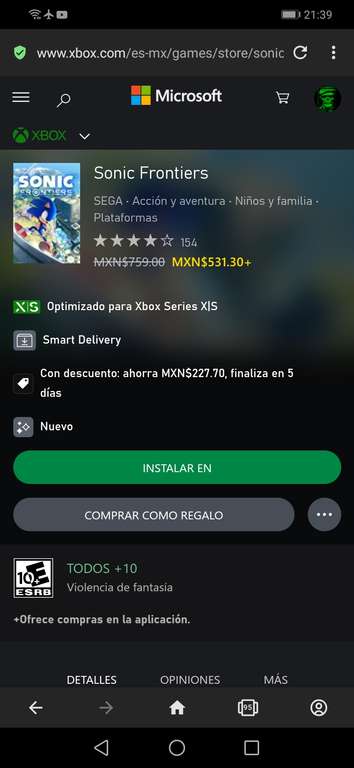 Sonic Frontiers en Xbox Store con el 30% de descuento