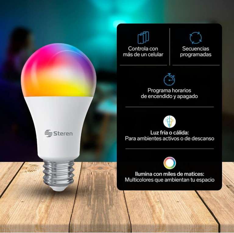 Amazon: Steren SHOME-120 Foco LED Wi-Fi multicolor, de 10W, 2.4 GHz, luz RGB, dimeable desde app, para socket E27