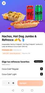 Didi Food en Cinépolis - Hot dog jumbo, nachos y 2 refrescos por $89