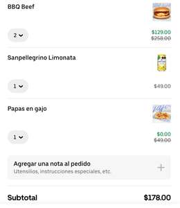 Uber Eats: 2 hamburguesas BBQ, papas y refresco por $178 (Lomas, Ciudad de México)