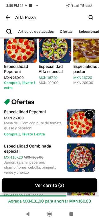 Uber Eats: 2 pizzas por 109 Alfa Pizza