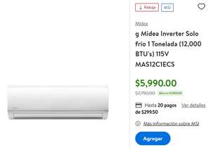 Walmart - Minisplit Inverter 110v 12000 BTU (1 Tonelada) marca MIDEA