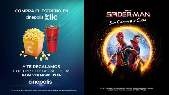 Cinepolis KLIC: Palomitas y refresco gratis al comprar spiderman no way home.