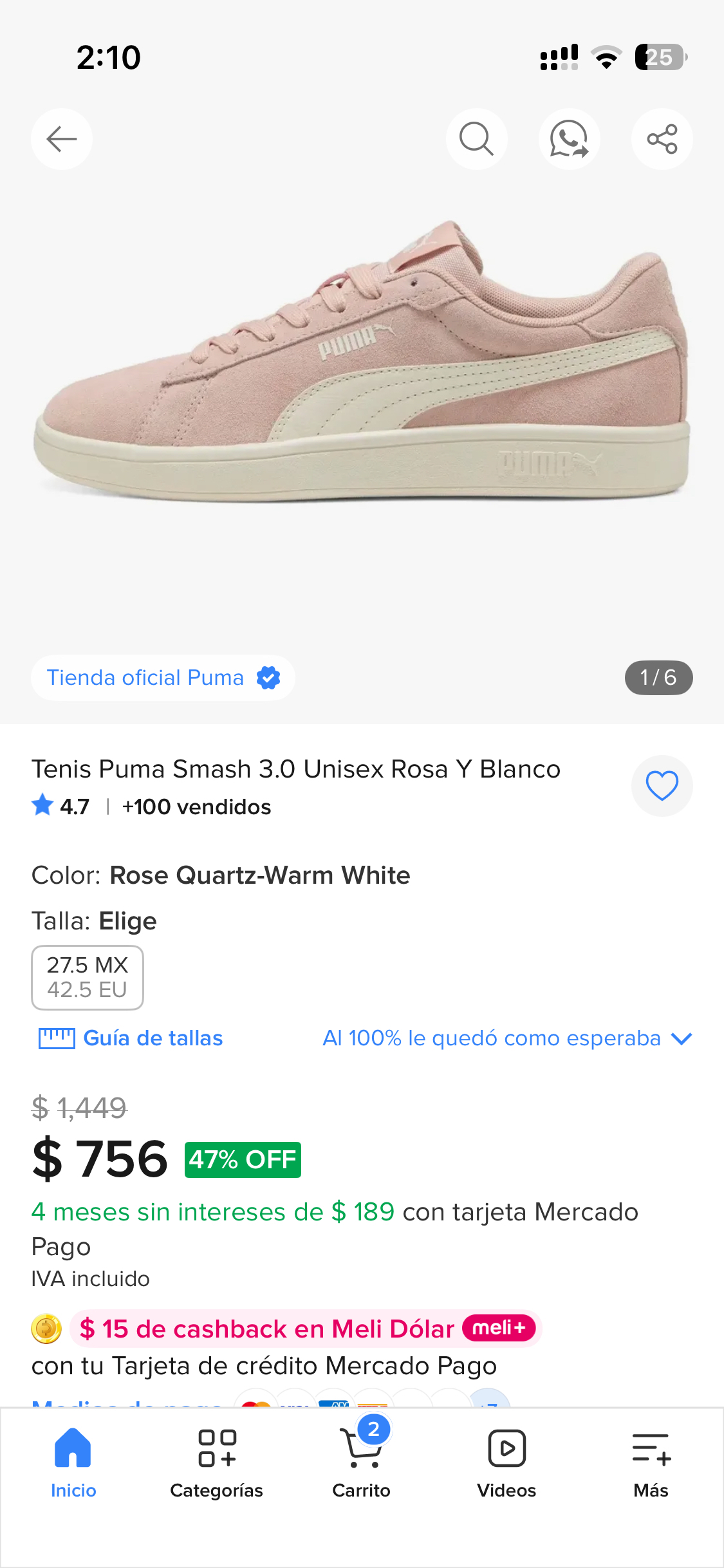 Mercado Libre: tenis Puma Smash 3.0, 27.5cm, en color rosa y blanco
