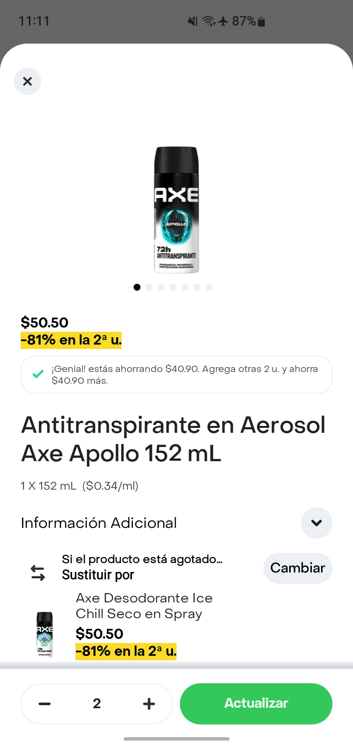 Rappi pro: chedraui 2 antitranspirantes axe por 60