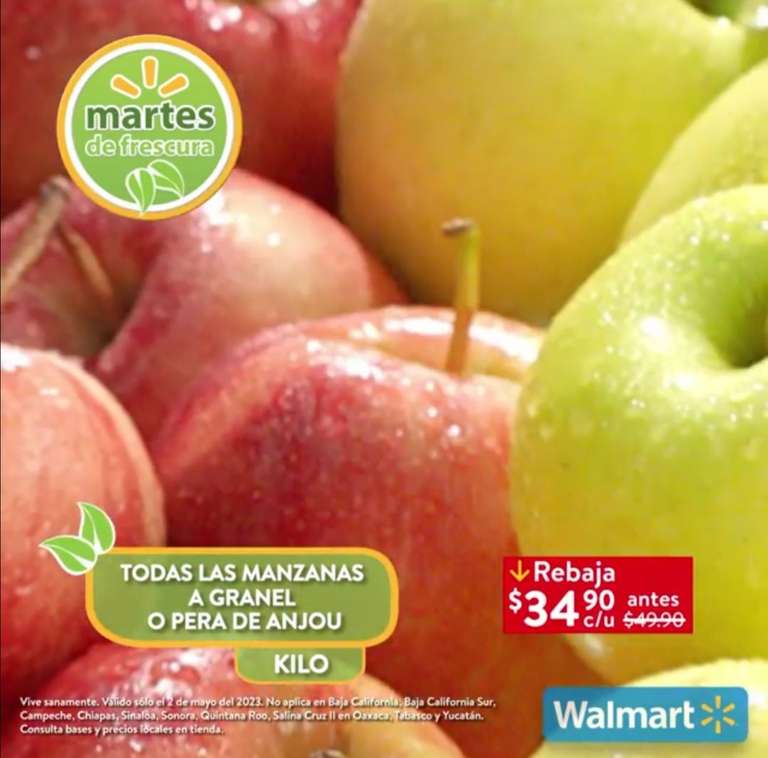 Walmart: Martes de Frescura 2 Mayo: Piña $9.90 kg • Aguacate $29.90 kg • Todas las Manzanas a Granel ó Pera de Anjou $34.90 kg