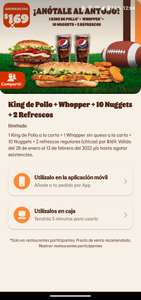 Burger King Whopper + King de pollo + 10 nuggets + 2 refrescos