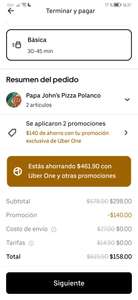 Uber eats: Papa Jhon's Polanco, 2 pizzas pepperoni o queso por 158 con uber one