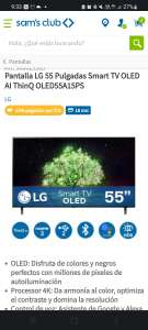 Sam's:Pantalla LG 55 Pulgadas Smart TV OLED AI ThinQ OLED55A15PS con TC a 18 meses