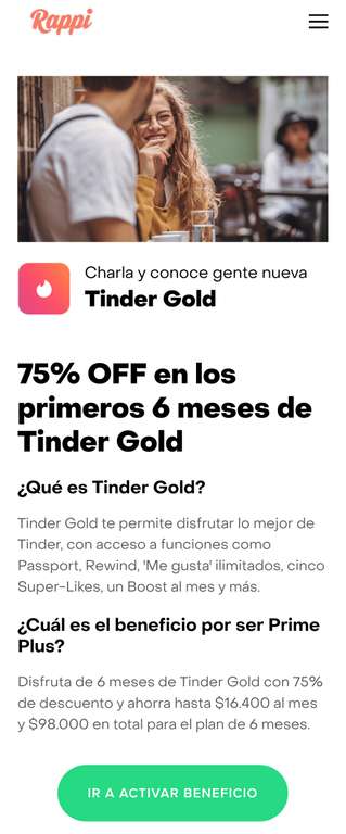Tinder x Rappi | 75% de descuento en Tinder Gold durante 6 mesesotes