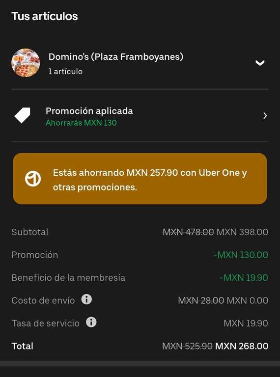 Uber eats: Domino's pizza, 2 Pizzas Premium (sin especialidad).