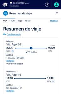 Aeroméxico: Vuelo ciudad de Mexico- Seúl | Ejemplo: 2 Ago - 16 Ago