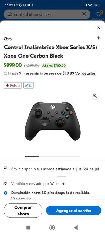 Walmart: Control Inalámbrico Xbox Series X/S/Xbox One Carbon Black