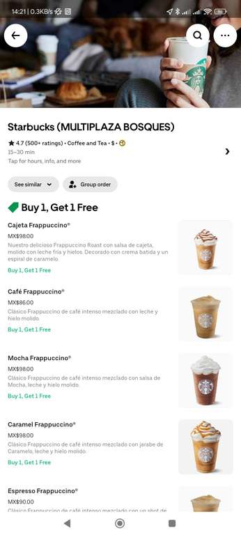 Uber eats: Starbucks 2x1 en diferentes productos