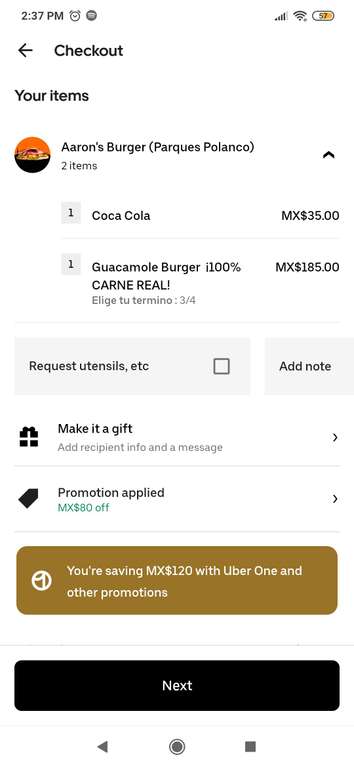Uber Eats: 80 pesos de descuento en papas, hamburguesa y refresco en Aaron's Burger (Parques Polanco)