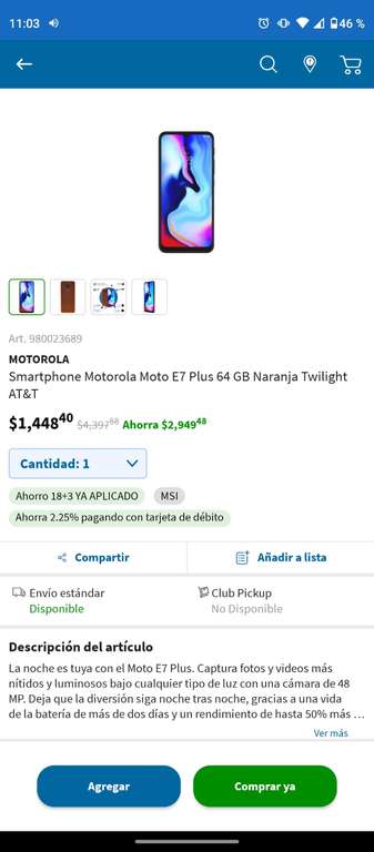 Sams Motorola Moto E7 Plus 64 GB Snapdragon 8 Nucleos 4Gb Ram 5000mAh Naranja Twilight AT&T $1498.00