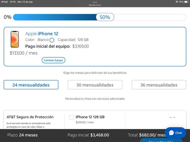 AT&T: iPhone 12 128Gb | Precio con plan ármalo 11 24 meses ($549 p/mes)