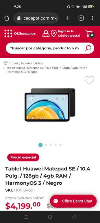 Office Depot: Tablet Huawei Matepad SE / 10.4 Pulg. / 128gb / 4gb RAM / HarmonyOS 3 / Negro