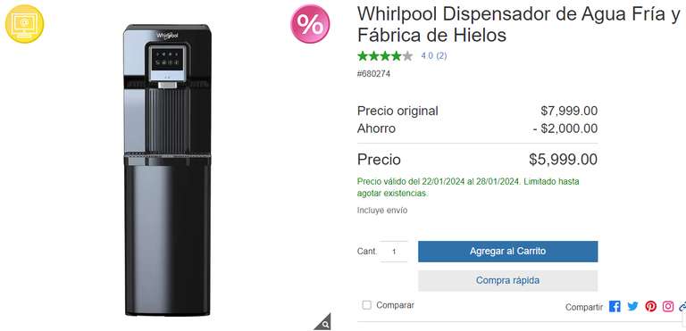 Costco: Whirlpool WK0260B Dispensador de Agua Fría y Fábrica de Hielos