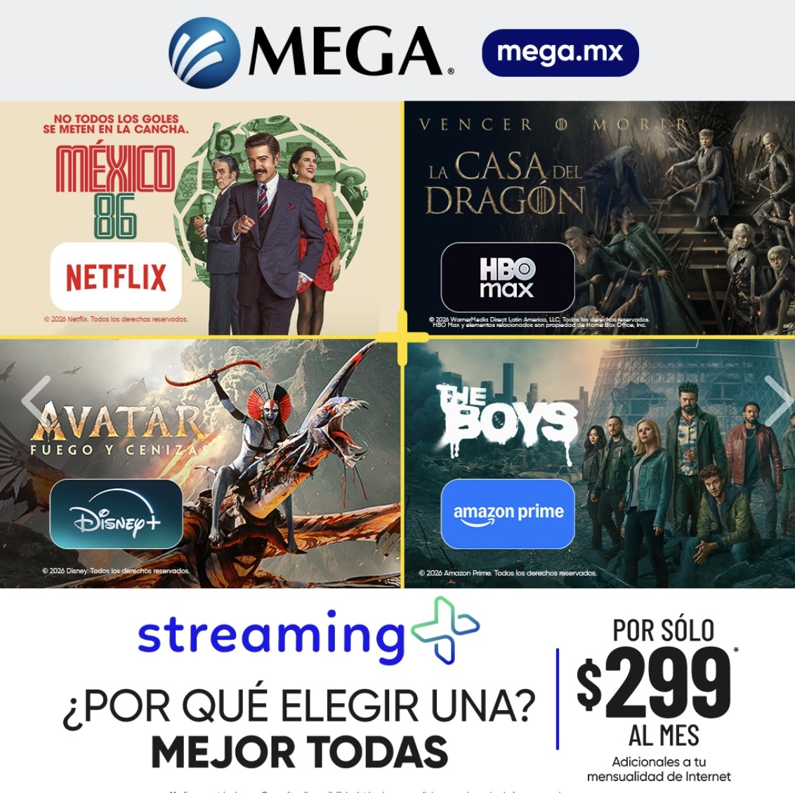 Megacable: 4 apps de streaming por $299/mes
