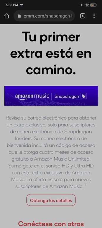 4 meses gratis de Amazon music suscribiéndose en la página de Snapdragon con correo