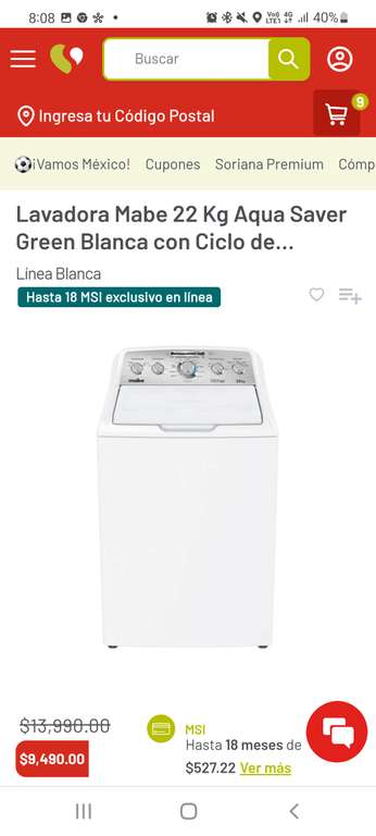 Soriana: Lavadora Mabe 22 Kg Aqua Saver Green Blanca