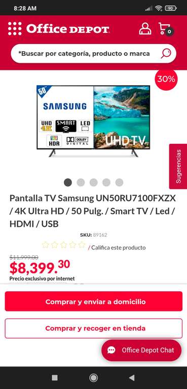 Office Depot, Pantalla TV Samsung UN50RU7100FXZX / 4K Ultra HD / 50 Pulg. / Smart TV