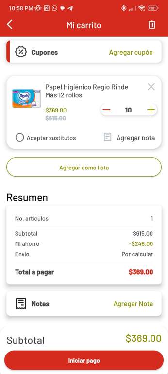 Soriana - Papel higiénico regio rinde mas 12 rollos (precio al recoger en tienda) comprado en Cancún.