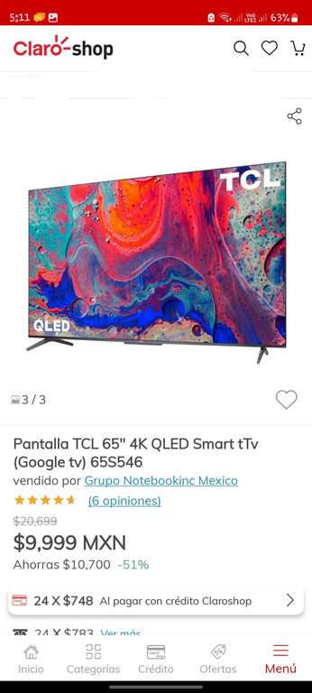 Claro Shop: Pantalla Tcl 65 4K QLED (Google TV) 65S546