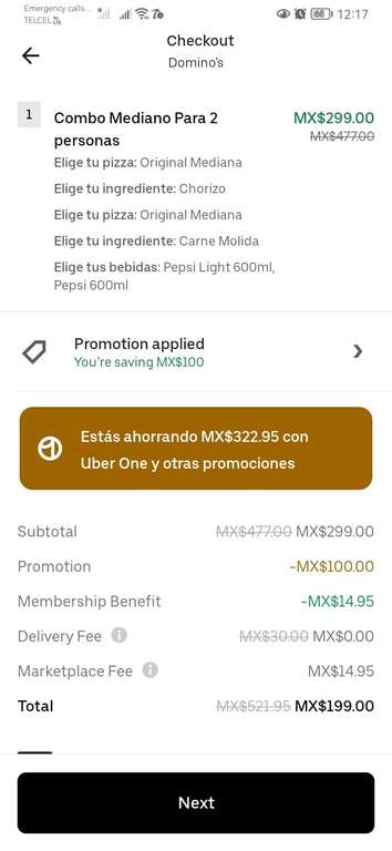 Uber eats: Combo Domino's 2 pizzas medianas, dos refrescos y complemento $199 | Uber One