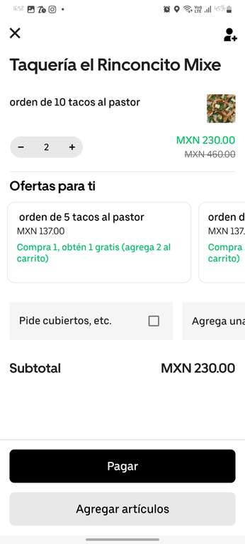Uber Eats (siendo member one): Taquería el Rinconcito Mixe 20 tacos de pastor por 70 pesos | $160 OFF + 2x1