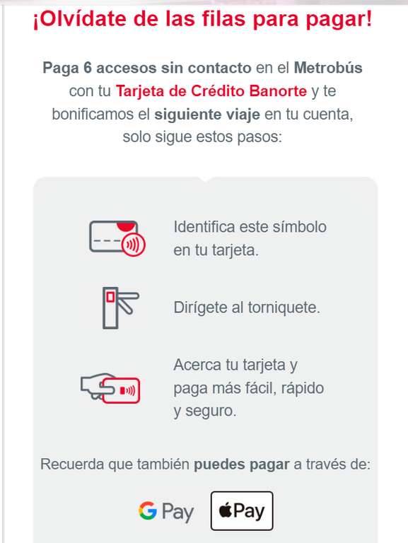 Banorte: Paga 6 accesos sin contacto en el Metrobús conTDC Banorte y se bonifica el siguiente viaje