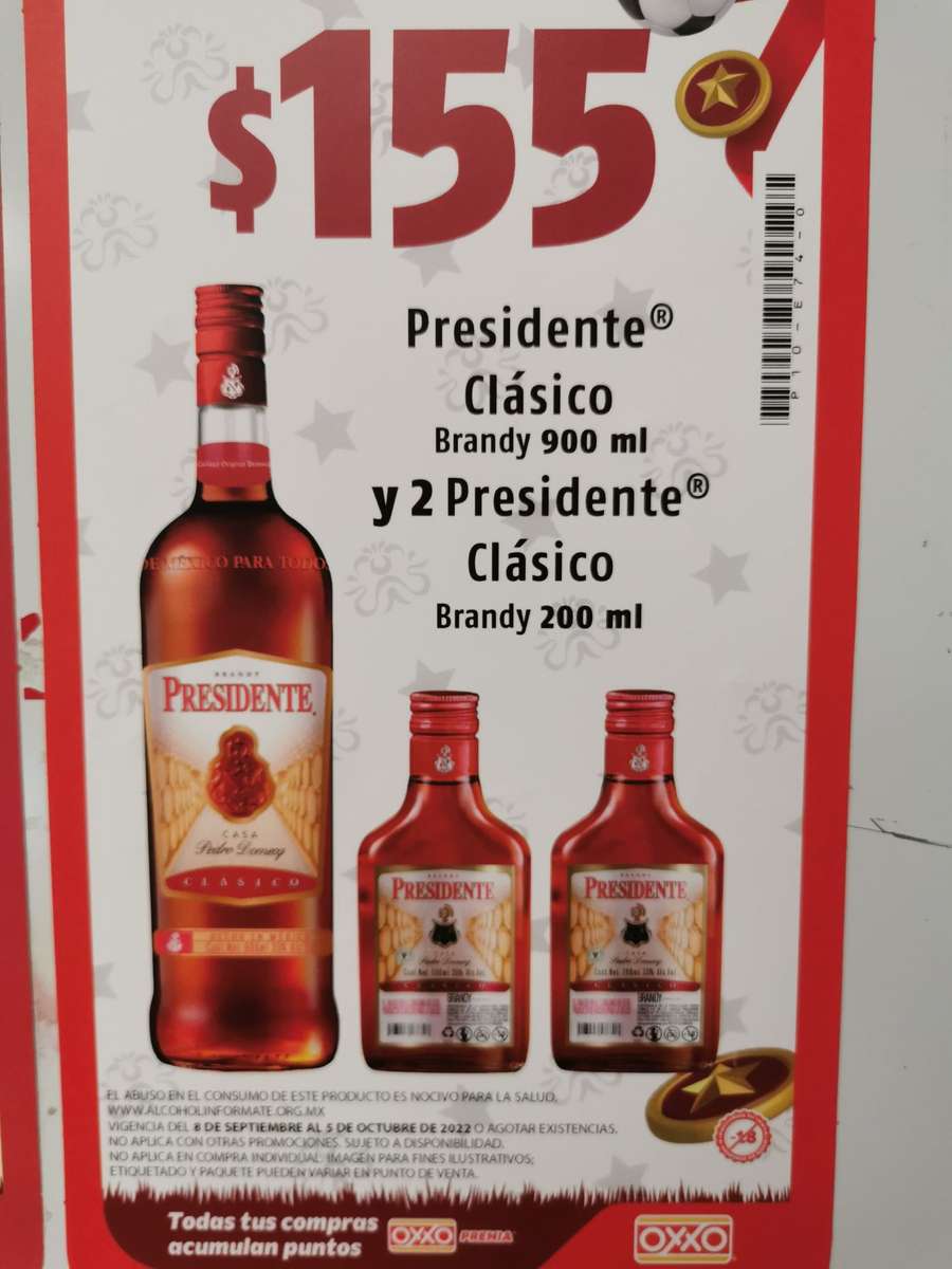 Industrializar terrorista defecto Oxxo: Brandy Presidente Clásico 900 ml + 2 botellas Brandy Presidente 200  mL - promodescuentos.com