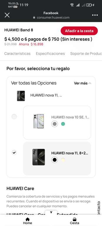Tienda Huawei: Smartwatch Huawei band 8 + Celular nova 11
